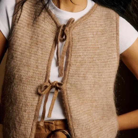 Sezane Pepy Tie Cardigan Vest XS Mottled Beige - Picture 10 of 10